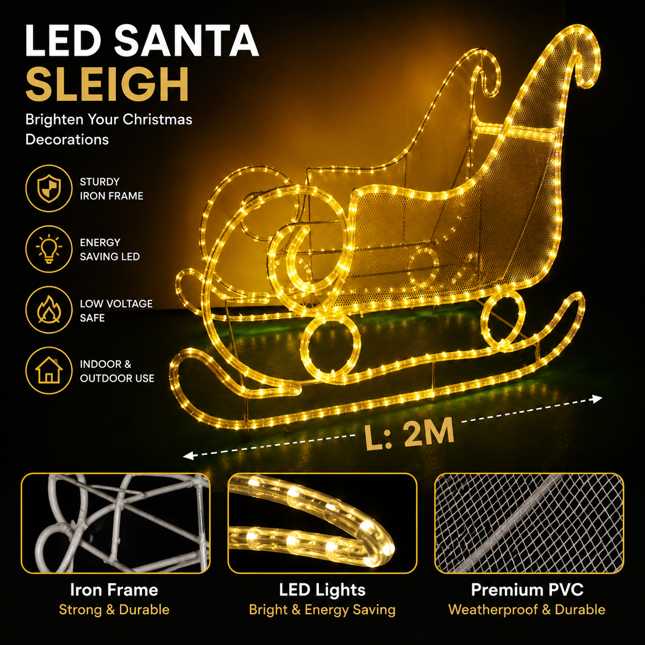 CommercialHolidayLightingSolutions 3D LED Santa Sleigh | Premium Outdoor Festive Wire Mesh Motif Display
