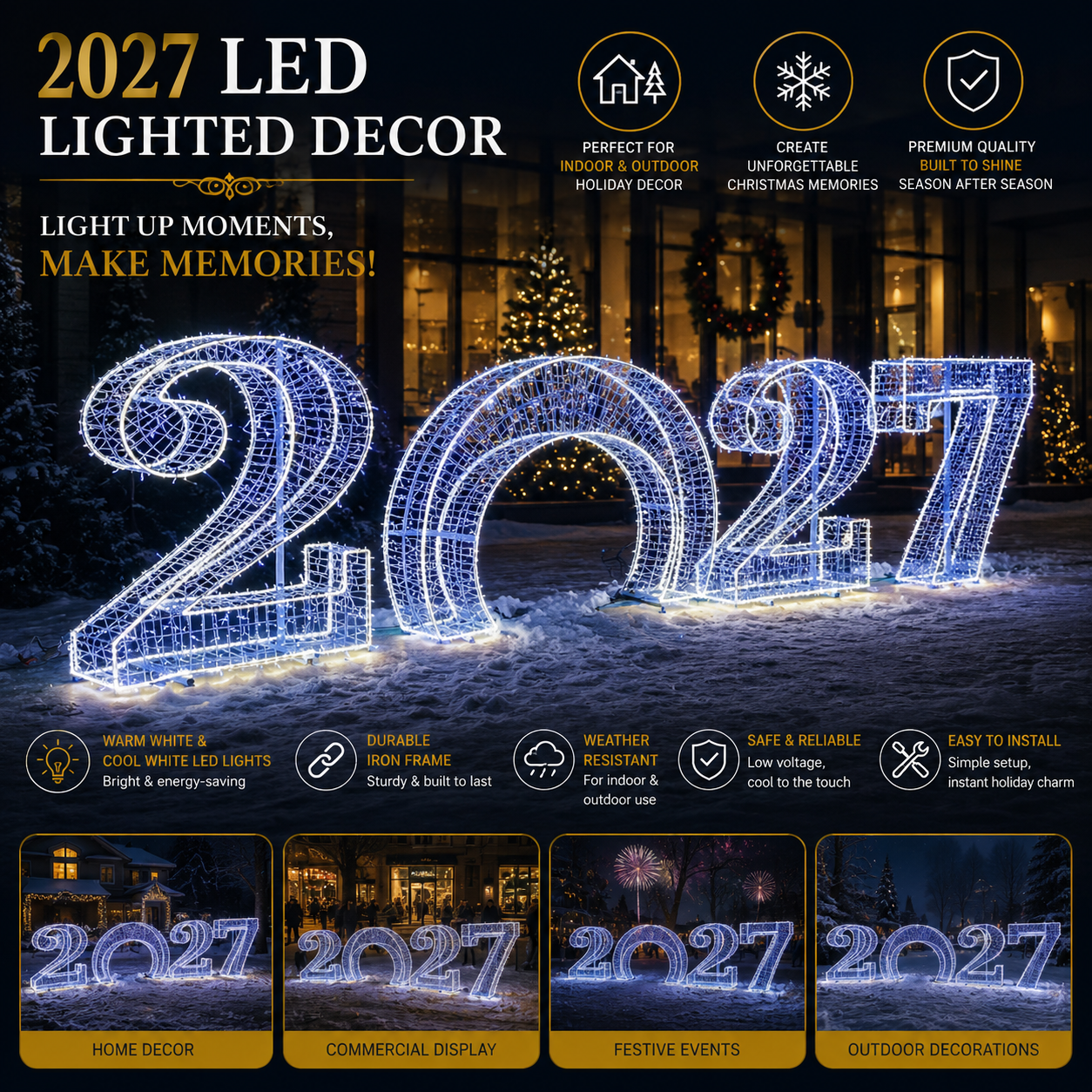 Commercial Holiday Lighting Solutions 3D LED 2027 New Year Walkthrough Tunnel | Premium Giant Cool White Numeric Motif Display