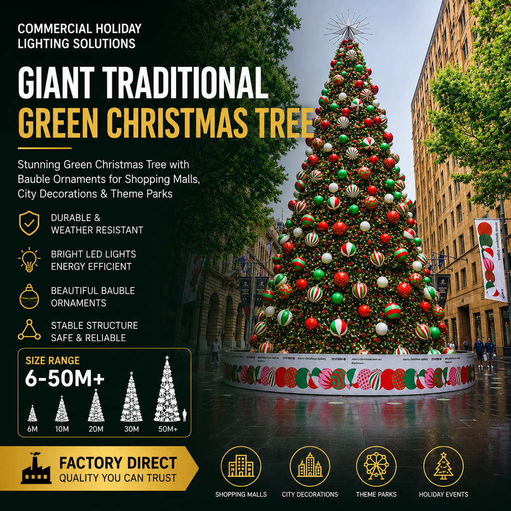 Factory Direct Giant Traditional Green Christmas Tree with Bauble Ornaments - Commercial Holiday Lighting Solutions for Shopping Malls, City Decorations & Theme Parks