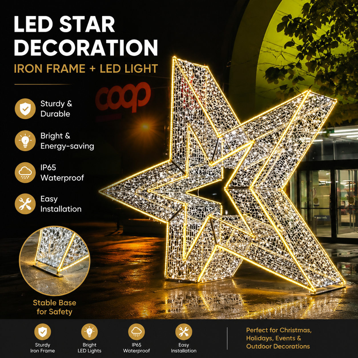Commercial Holiday Lighting Solutions 3D LED Star Decoration | Premium Golden Nested Celestial Landmark Motif Sculpture