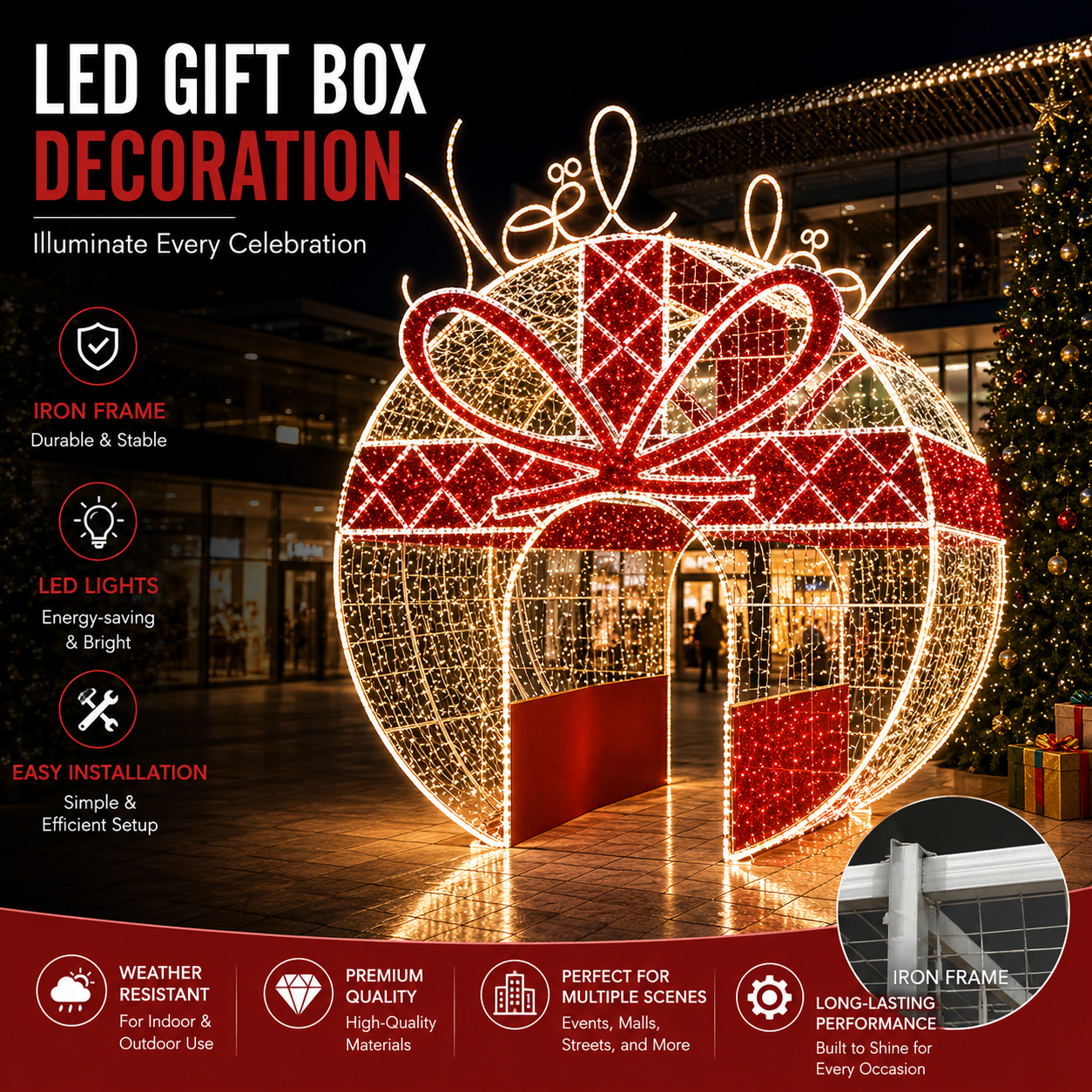 Commercial Holiday Lighting Solutions 3D LED Walk-Through Ornament Arch | Premium Christmas Bauble Present Gateway