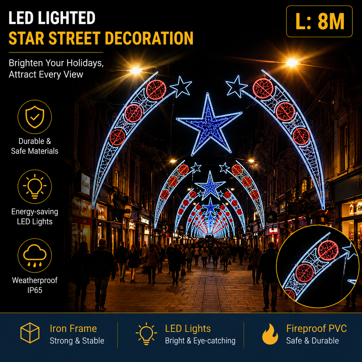 Commercial Holiday Lighting Solutions Giant LED Cross-Street Motif | Premium 8-Meter Celestial Arch Canopy Sky Festival Over-the-Road Architectural Garland Illumination