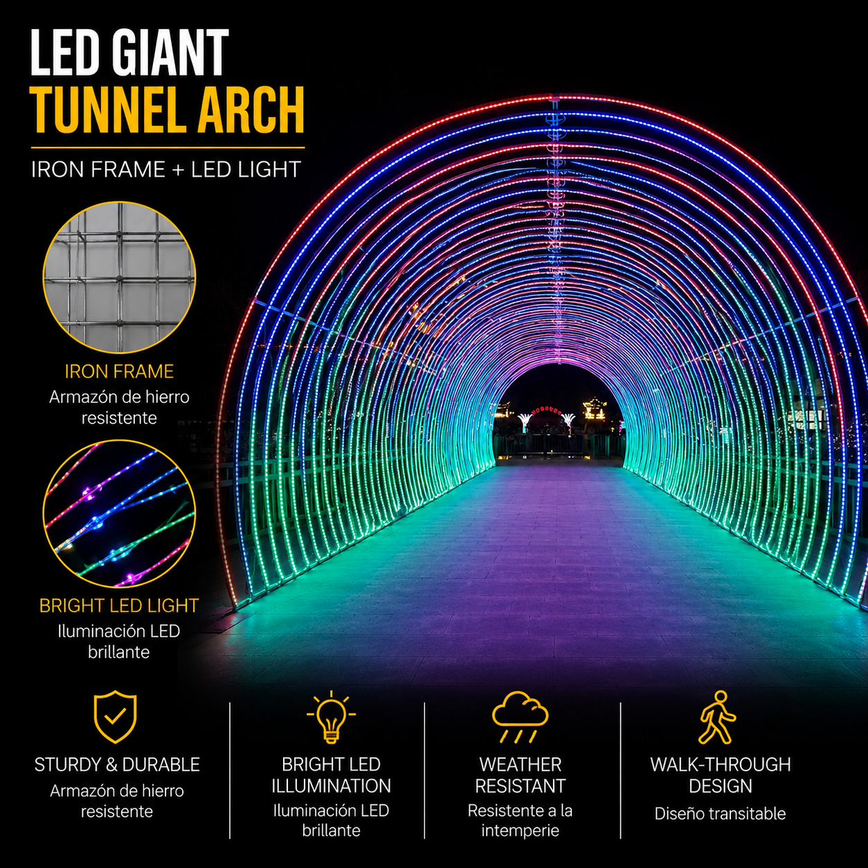 Commercial Holiday Lighting Solutions Walk-Through 3D LED Rainbow Archway | Premium Giant Festive Neon Tunnel Landmark