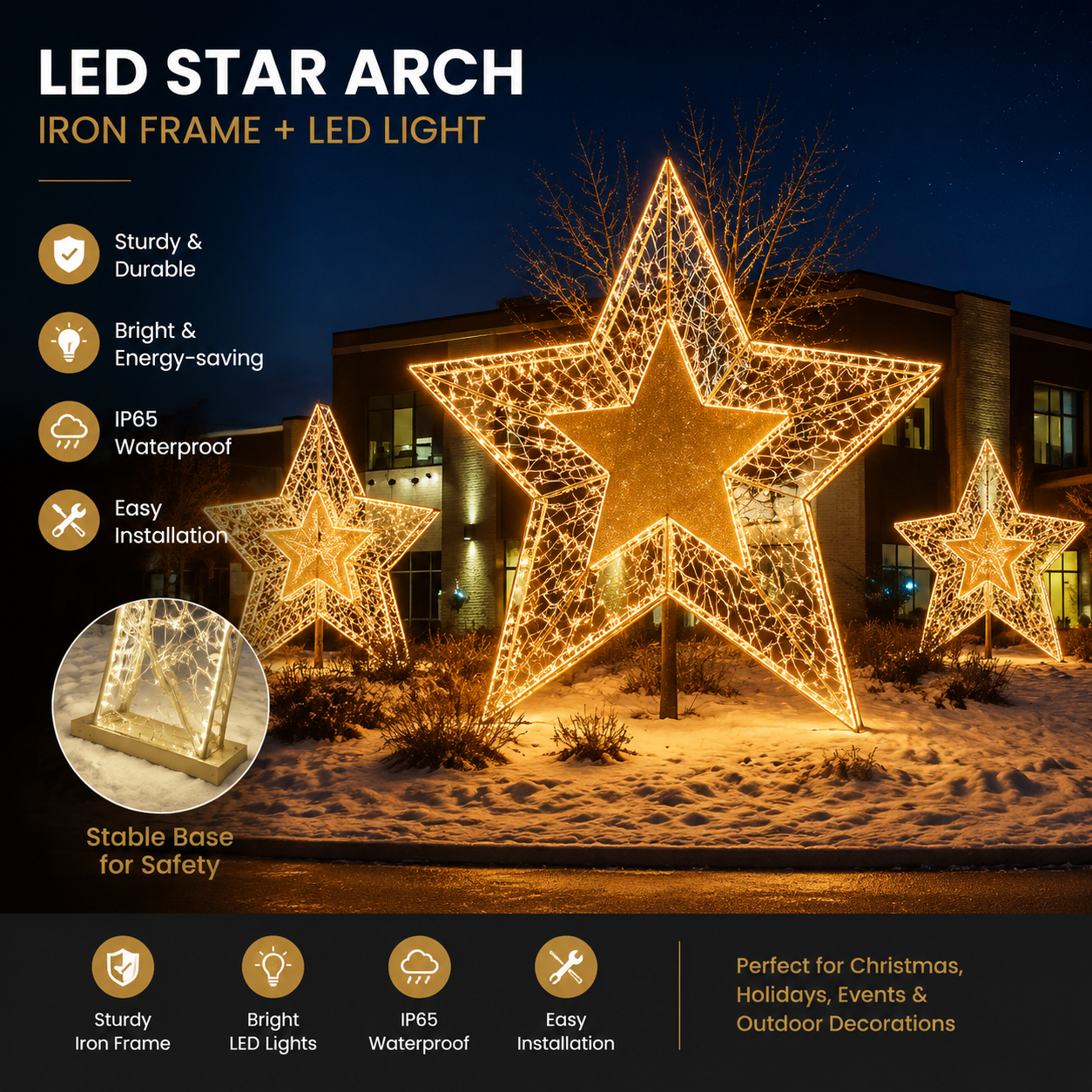 Commercial Holiday Lighting Solutions 3D LED Nested Star Display | Premium Golden Celestial Landmark Star Motif Sculptures