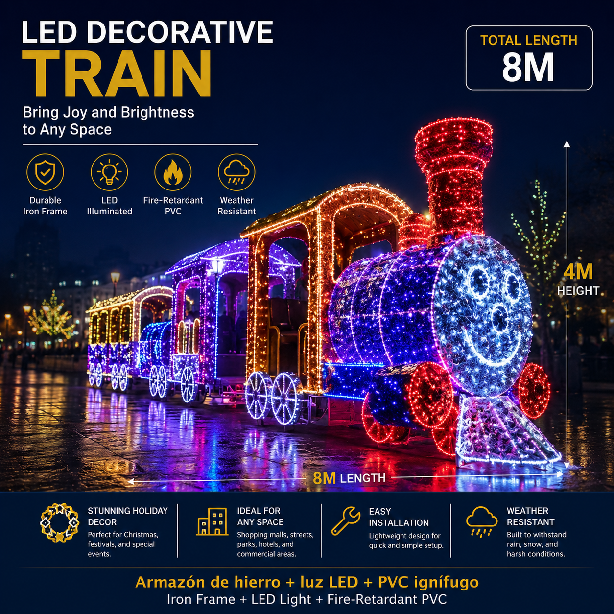 Commercial Holiday Lighting Solutions Giant 3D LED Decorative Train Display | Premium 8-Meter Immersive Character Express Plaza Landscape Landmark