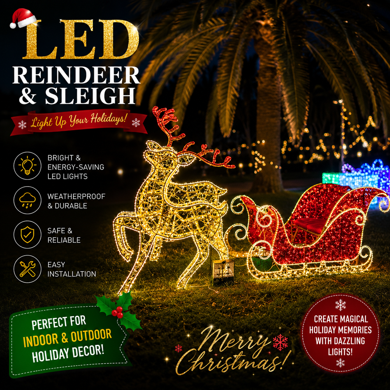 Commercial Holiday Lighting Solutions 3D LED Reindeer and Sleigh | Premium Outdoor Festive Motif Display