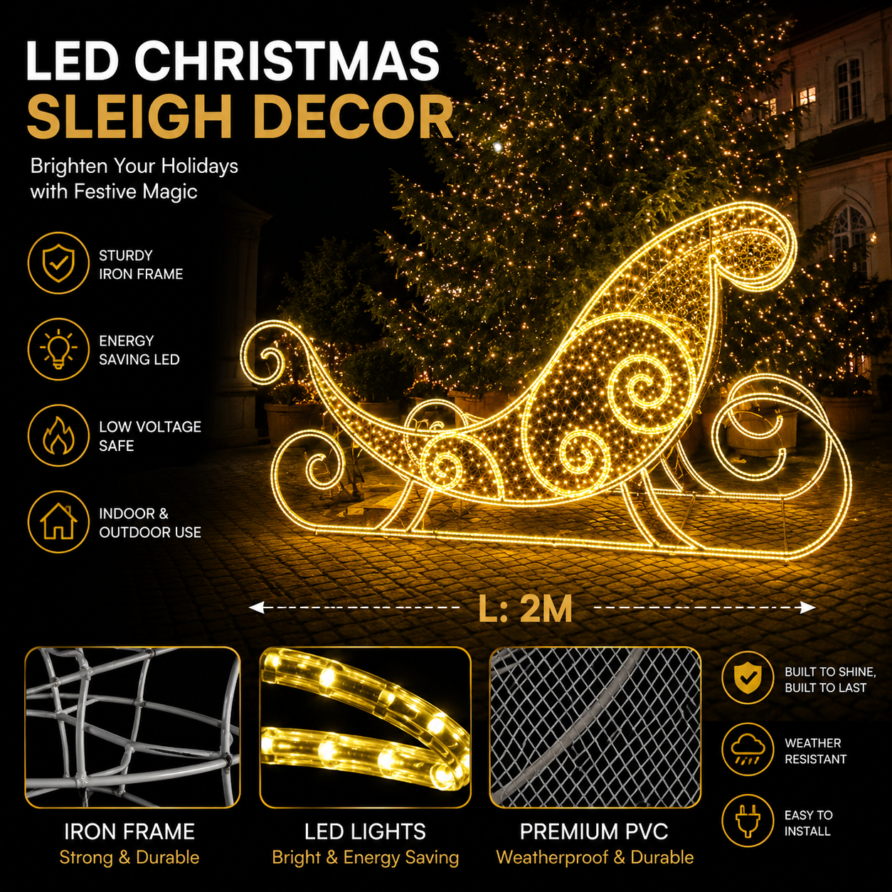 CommercialHolidayLightingSolutions 3D LED Santa Sleigh | Premium Outdoor Interactive Motif Display