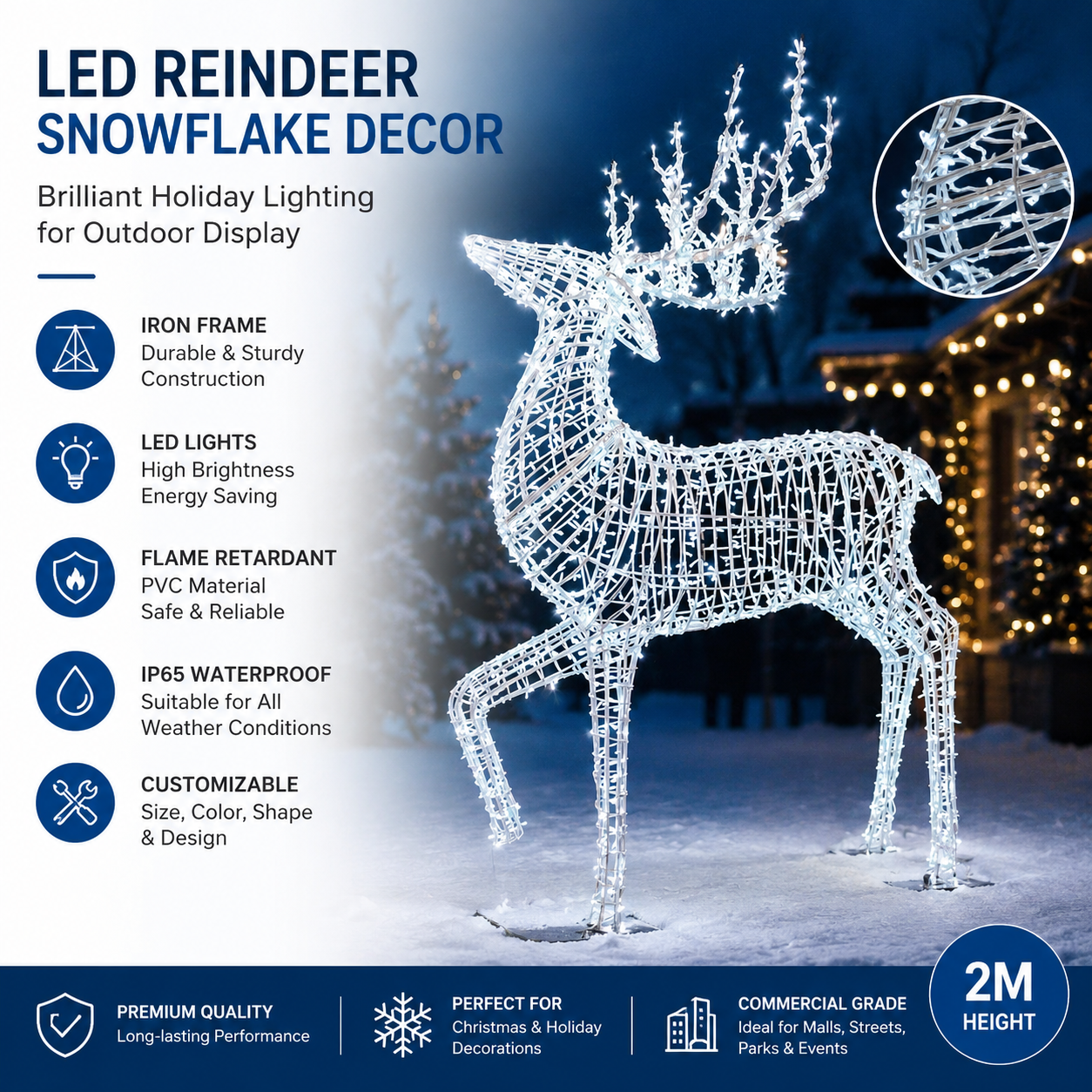 CommercialHolidayLightingSolutions 3D LED Reindeer Motif | Premium Outdoor Christmas Light Display Sculpture