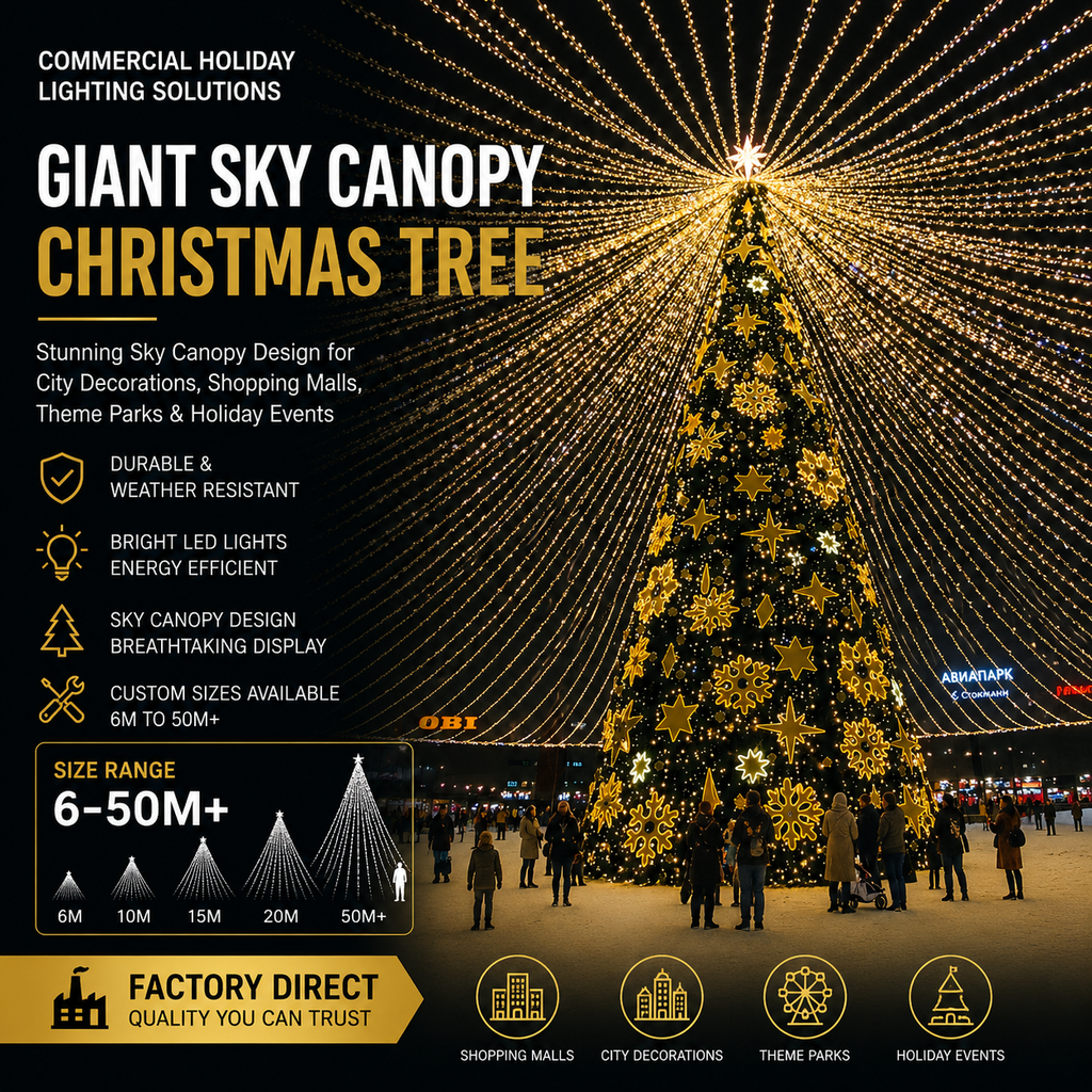 6m 10m 15m Commercial Large Outdoor Giant Sky Canopy Christmas Tree - Commercial Holiday Lighting Solutions for Shopping Malls, City Decorations, Theme Parks & Holiday Events