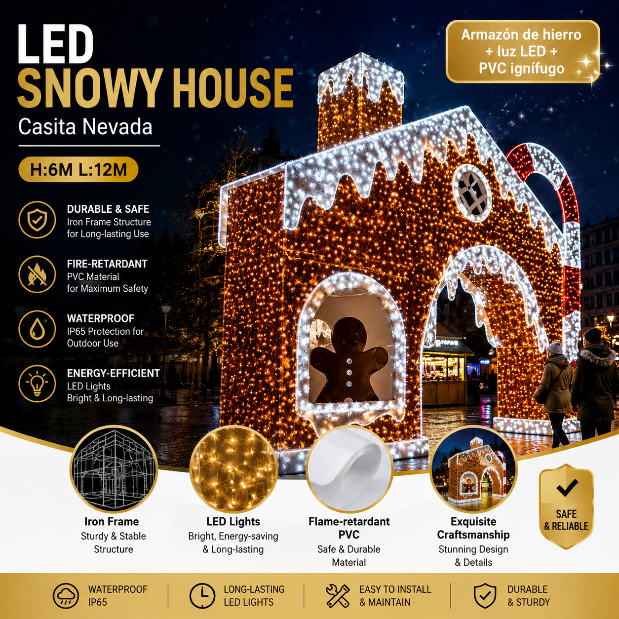 Commercial Holiday Lighting Solutions Giant 3D LED Snowy Gingerbread House | Premium 12-Meter Walk-Through Casita Nevada Plaza Interactive Archway