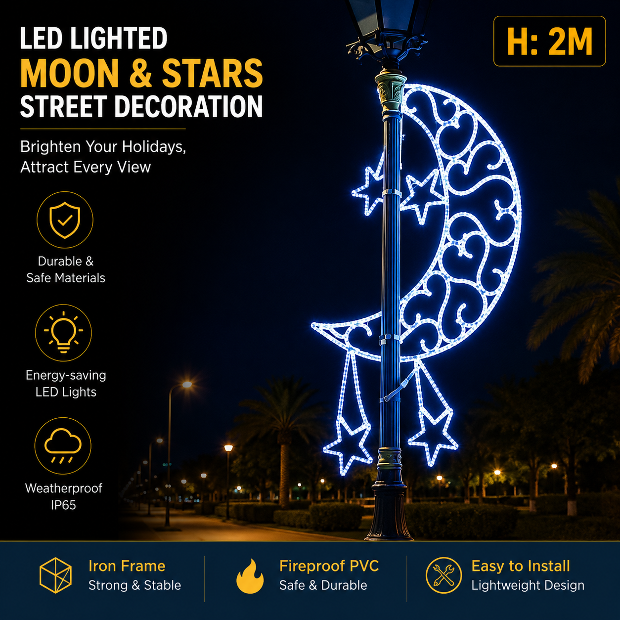 Commercial Holiday Lighting Solutions LED Pole-Mounted Motif | Premium 2-Meter Celestial Moon & Stars Streetscape Pillar Garland Light Installation
