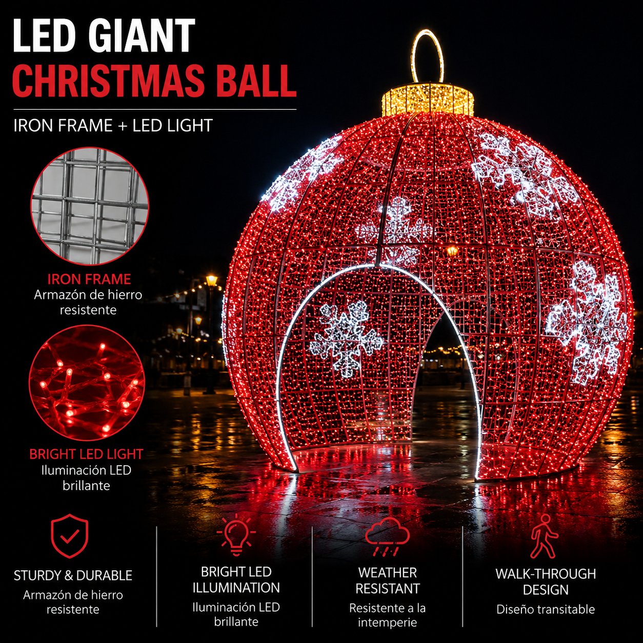 Commercial Holiday Lighting Solutions Walk-Through 3D LED Snowflake Sphere | Premium Giant Red Christmas Ball Landmark