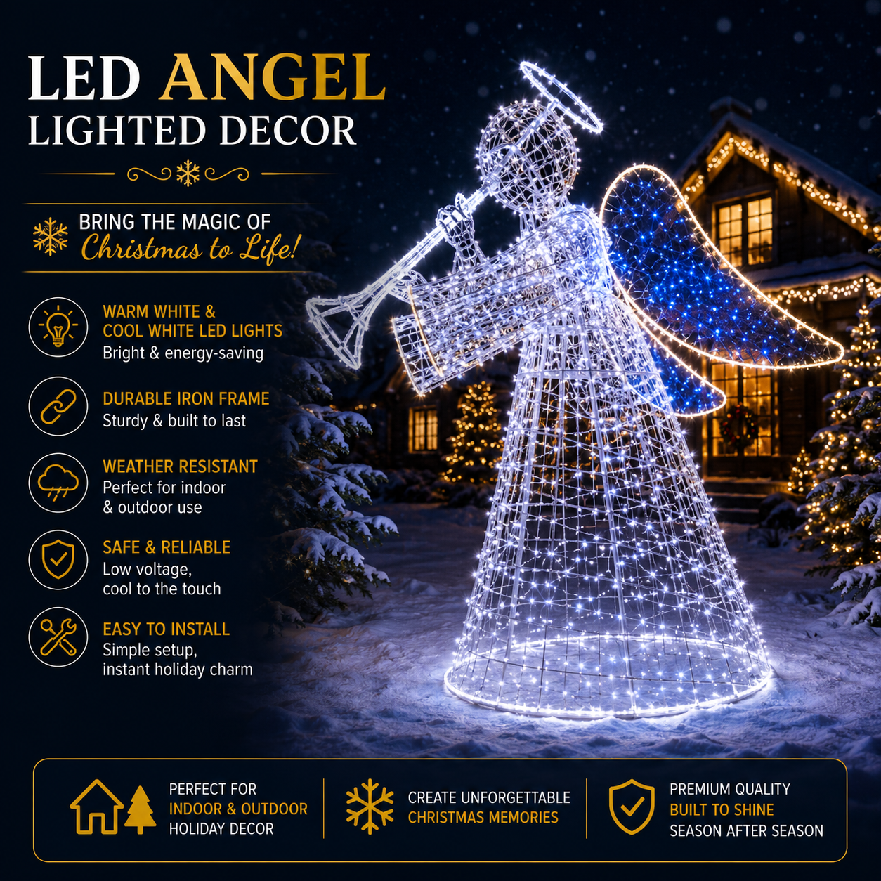 Commercial Holiday Lighting Solutions 3D LED Celestial Blue-Winged Angel | Premium Outdoor Trumpeting Angel Holiday Centerpiece