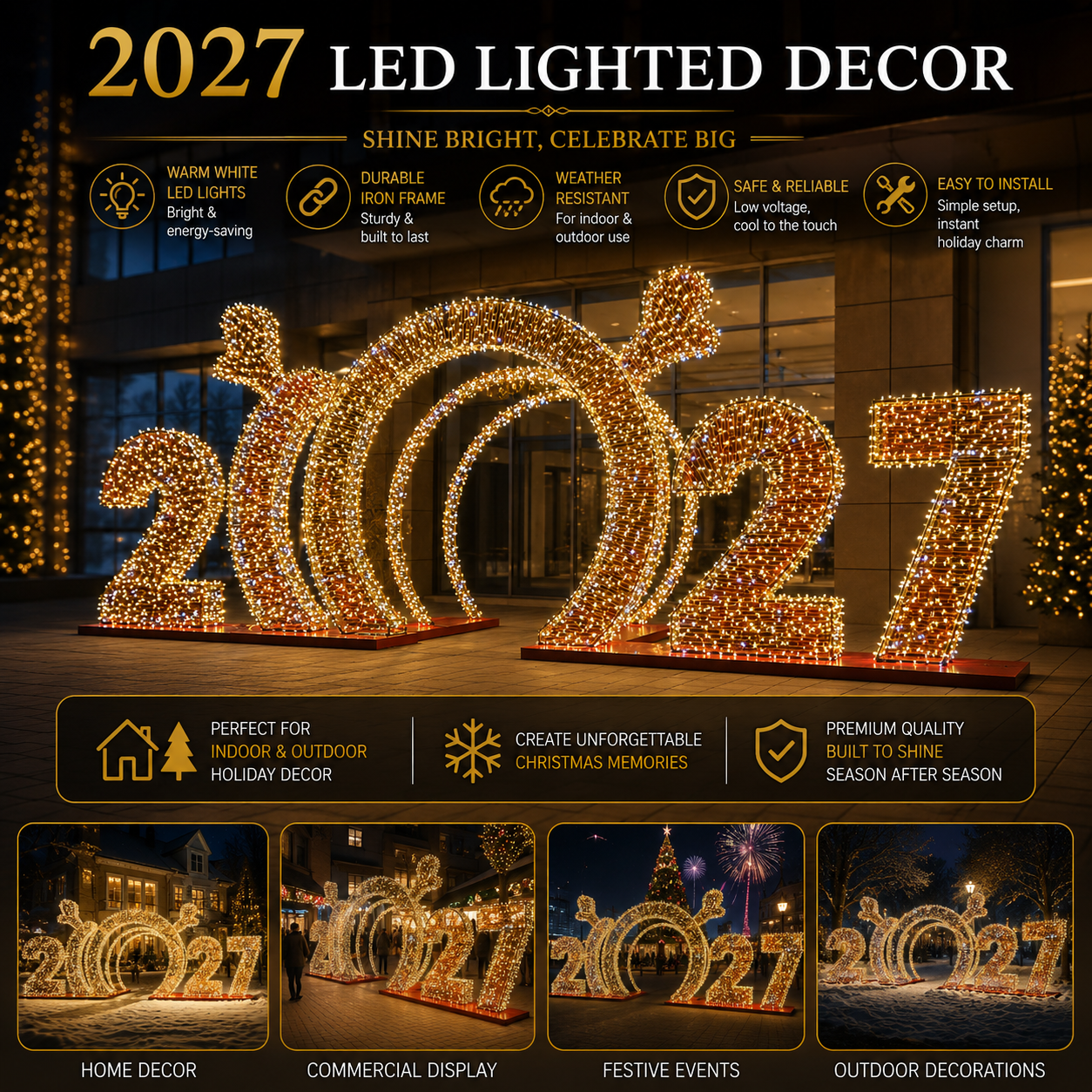 Commercial Holiday Lighting Solutions 3D LED 2027 New Year Walkthrough Arch | Premium Giant Festive Numeric Motif Display