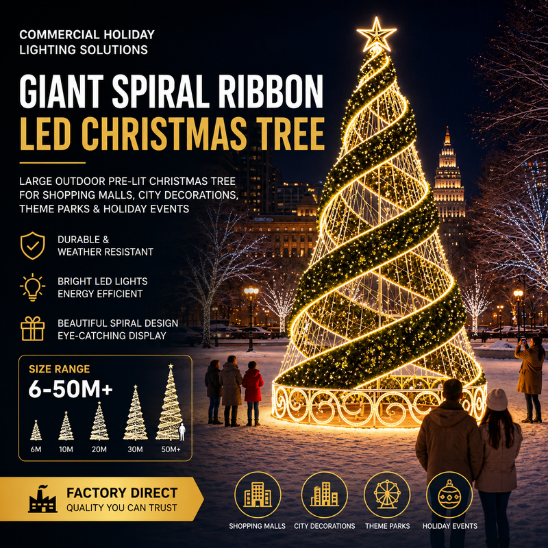 Commercial Holiday Lighting Solutions | Giant Spiral Ribbon LED Christmas Tree 6m-15m | Large Outdoor Pre-Lit Christmas Tree for Shopping Malls, City Decorations, Theme Parks & Holiday Events | Factory Direct
