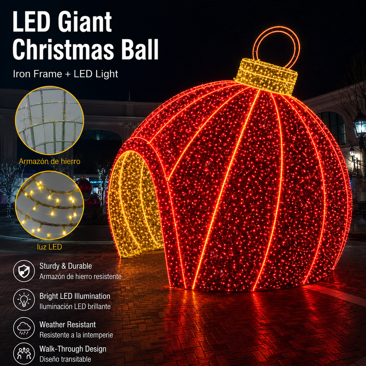Commercial Holiday Lighting Solutions Walk-Through 3D LED Red Christmas Ball | Premium Giant Festive Bauble Tunnel Landmark