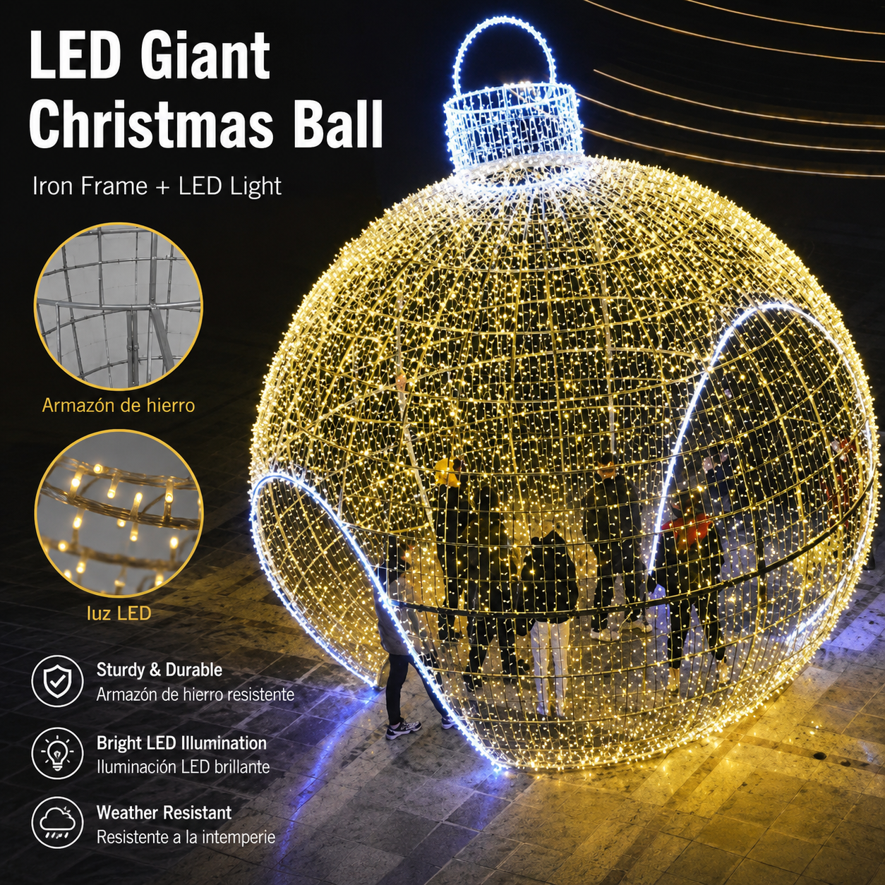 Commercial Holiday Lighting Solutions Walk-Through 3D LED Golden Christmas Ball | Premium Giant Festive Bauble Landmark