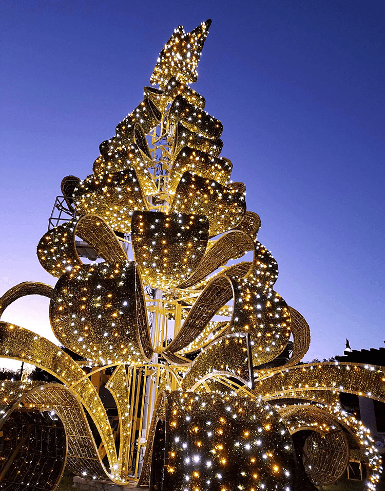 Commercial Holiday Lighting Solutions | Giant Ribbon LED Christmas Tree 6m-15m | Large Pre-Lit Outdoor Christmas Tree with Gift Box Decoration for Shopping Malls, City Decorations, Theme Parks & Holiday Events | Factory Direct