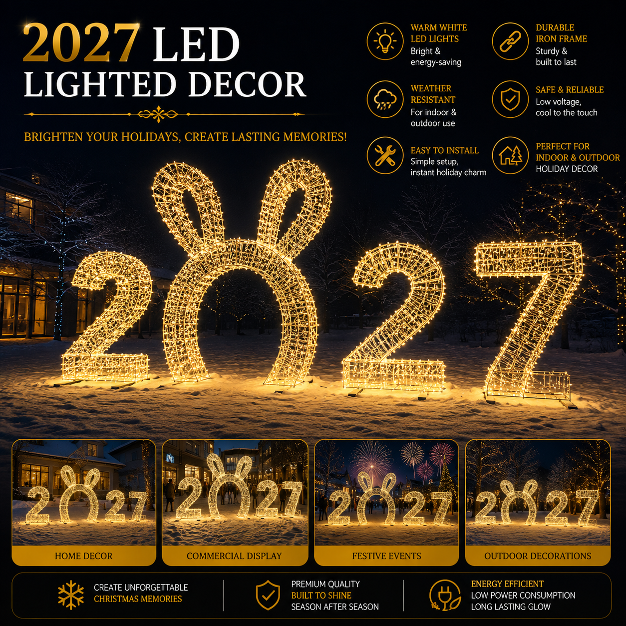 Commercial Holiday Lighting Solutions 3D LED 2027 New Year Festive Bunny Walkthrough Tunnel | Premium Giant Numeric Motif Display