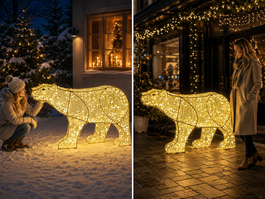Commercial Holiday Lighting Solutions 3D LED Walking Polar Bears | Large Arctic Wildlife Motif Display