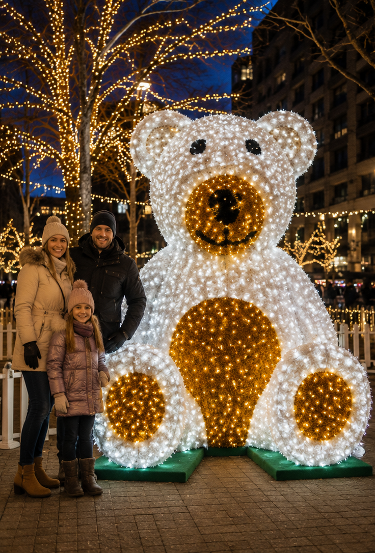 Commercial 3D LED Sitting Teddy Bear Sculpture | Flame-Retardant PVC Outdoor Light Display