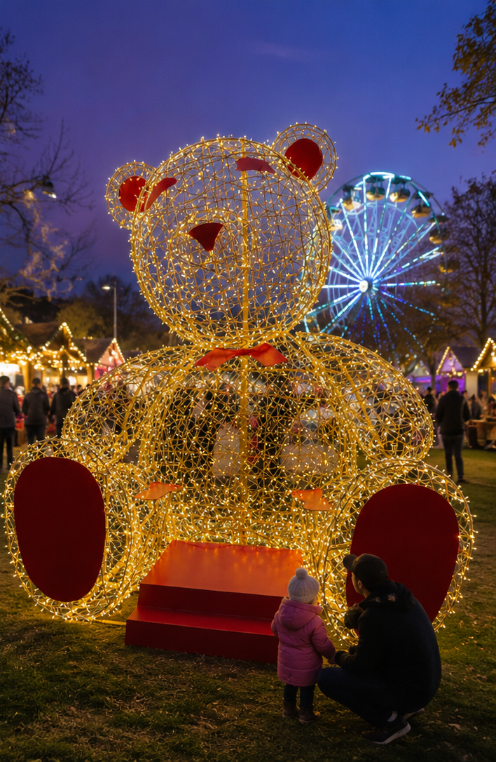 CommercialHoliday Lighting Solutions Interactive 3D LED Giant Bear | Hollow Frame Seating Photo Op Display