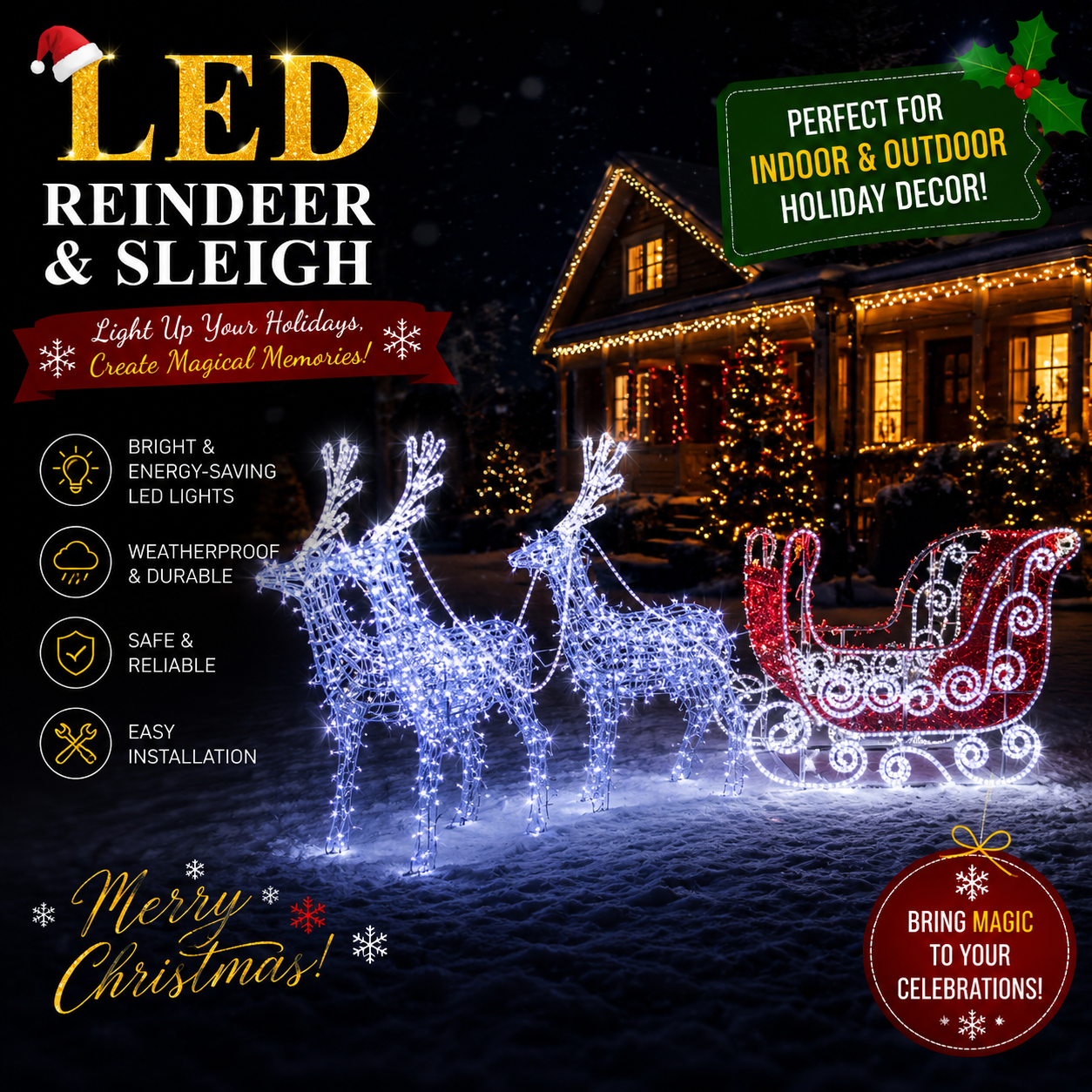 Commercial Holiday Lighting Solutions 3D LED Reindeer Team and Sleigh | Premium Outdoor Festive Motif Display