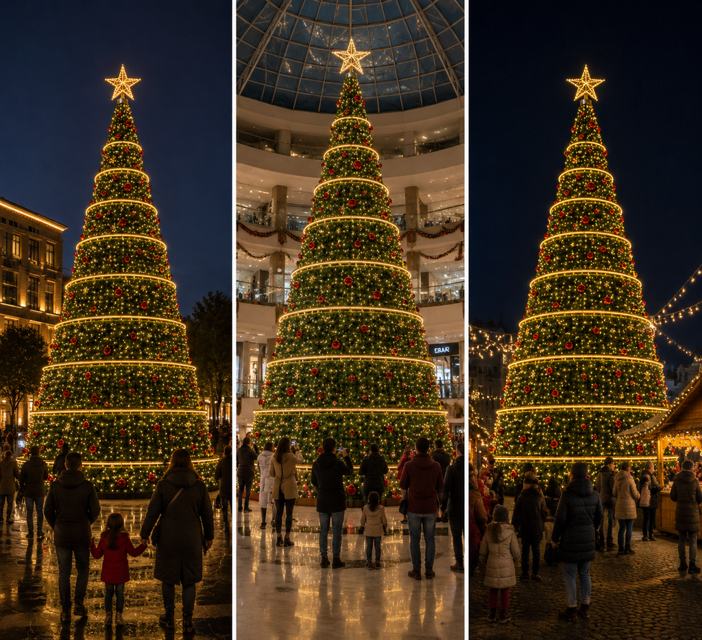 Commercial Holiday Lighting Solutions Spectacular Pine Tree | Premium 6-50M+ LED Swag Ribbon Luxury Conical Christmas Tree Landmark Display