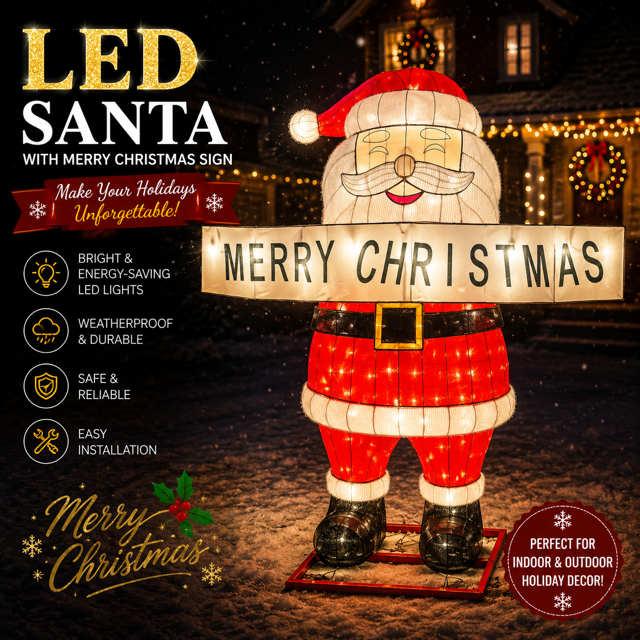 Commercial Holiday Lighting Solutions 3D LED Santa Claus holding Merry Christmas Sign | Large Silk Motif Display