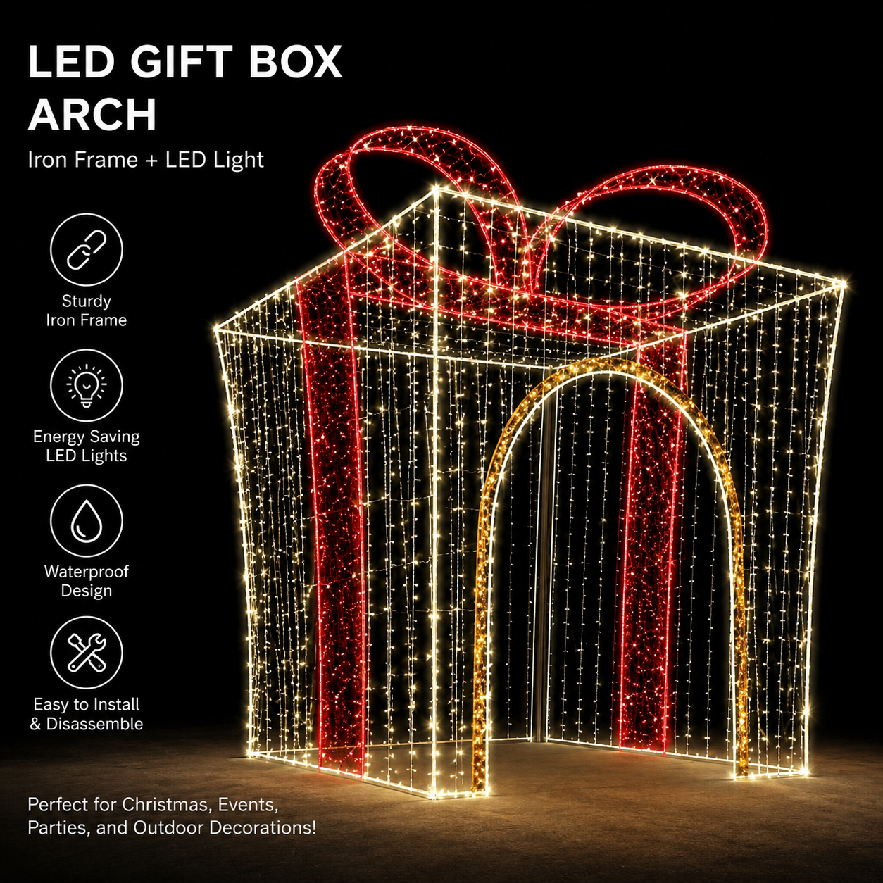 Commercial Holiday Lighting Solutions 3D LED Walk-Through Gift Box Arch | Premium Outdoor Present Motif Landmark