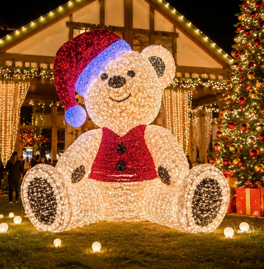 Commercial Holiday LightingSolutions Giant 3D LED Christmas Bear | Santa Hat Commercial Motif Display