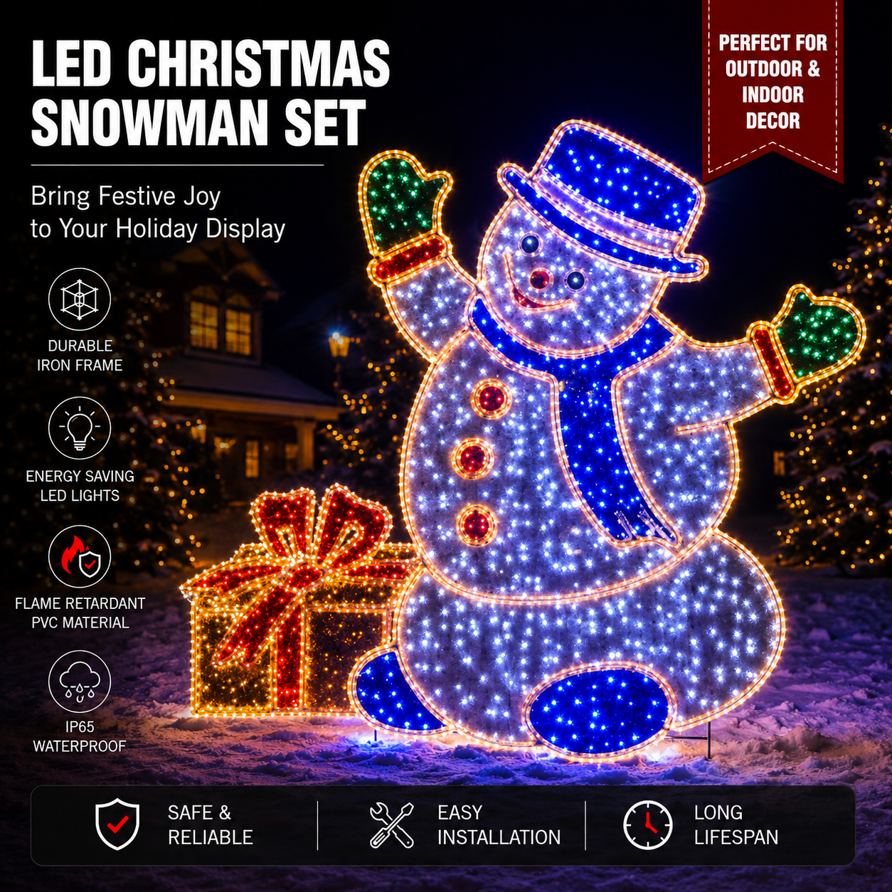 CommercialHoliday Lighting Solutions 2D LED Waving Snowman with Gift Box | Large Festive Motif Display