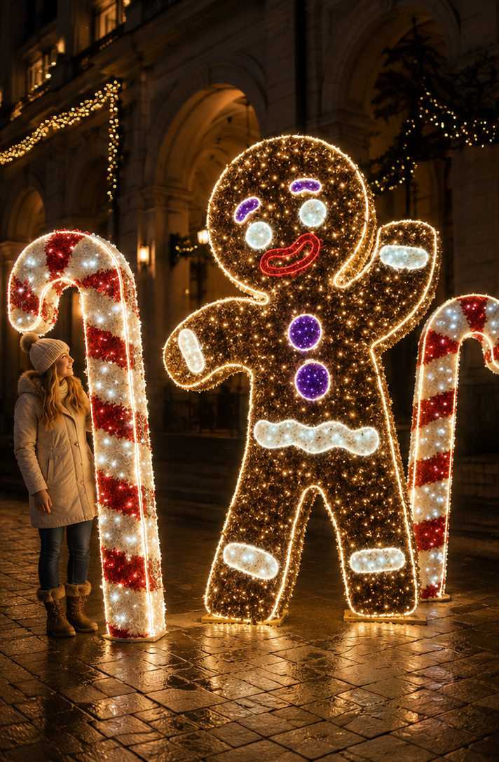 Commercial Holiday Lighting Solutions 3D LED Gingerbread Man & Candy Canes | Large Festive Motif Display Set