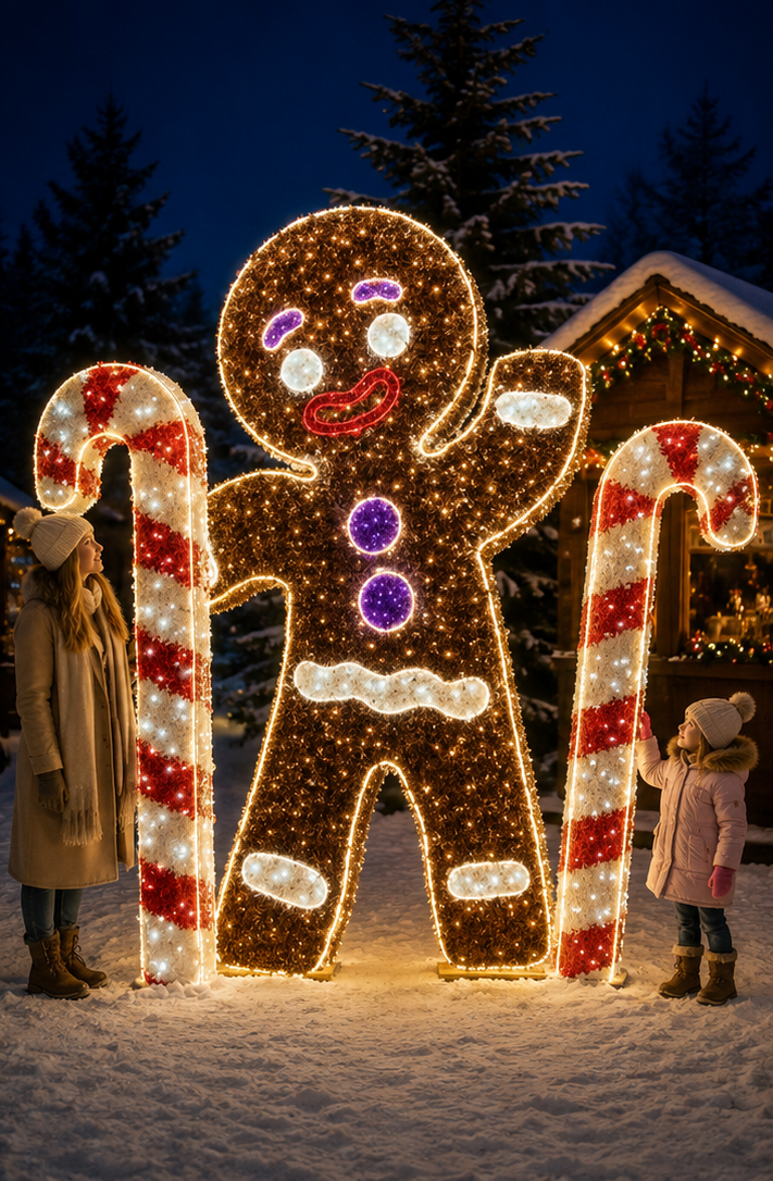 Commercial Holiday Lighting Solutions 3D LED Gingerbread Man & Candy Canes | Large Festive Motif Display Set
