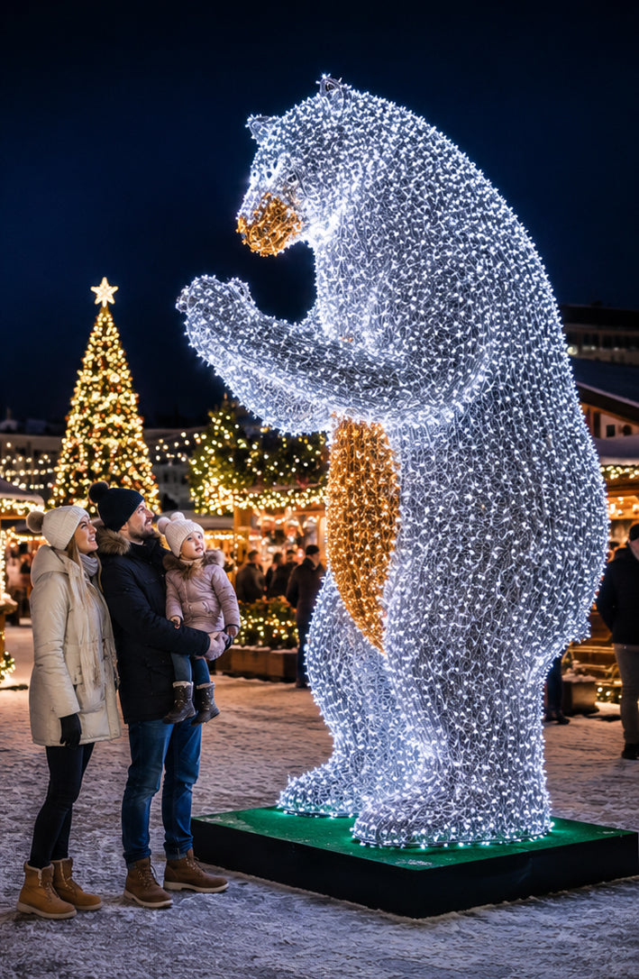 Premium Commercial 3D LED Polar Bear Sculpture | Large Iron Frame Outdoor Holiday Light Display