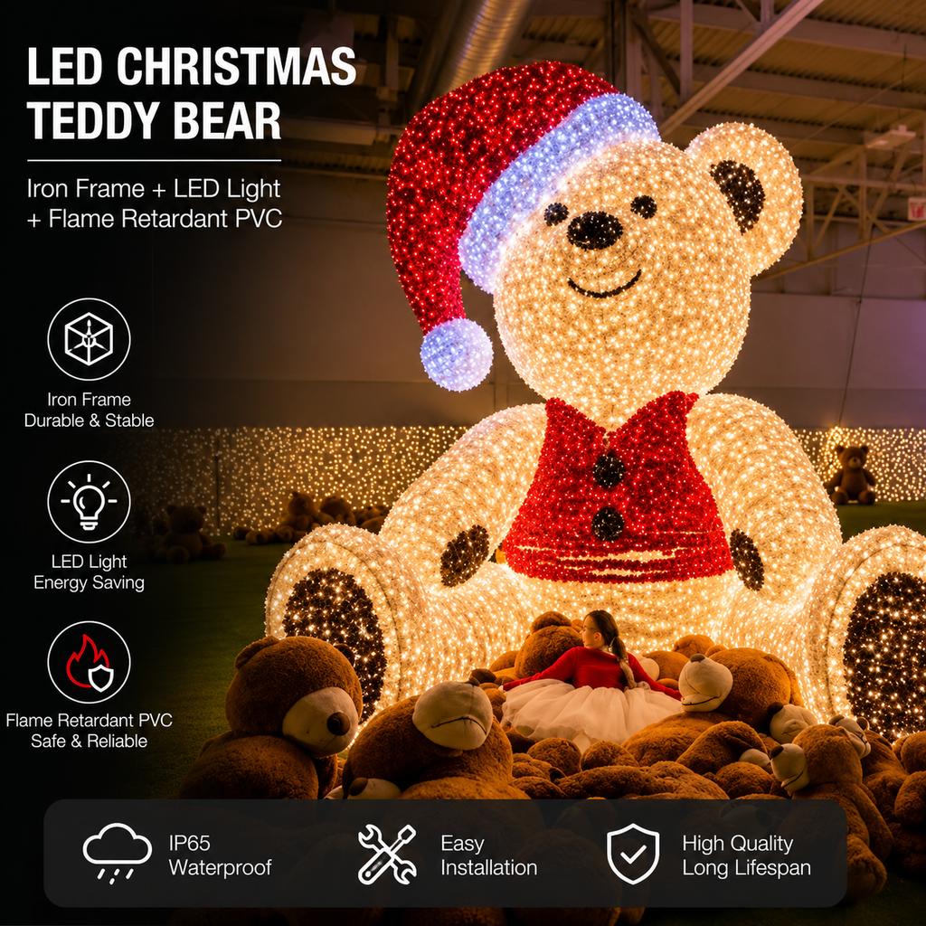 Commercial Holiday LightingSolutions Giant 3D LED Christmas Bear | Santa Hat Commercial Motif Display