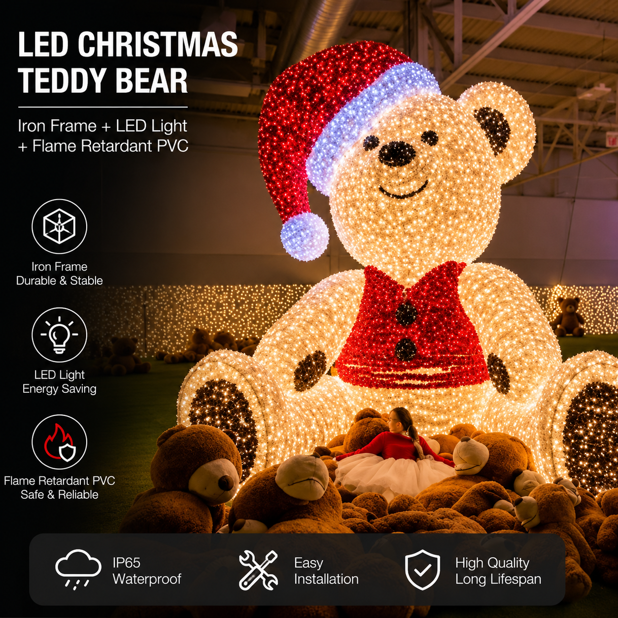 Commercial Holiday LightingSolutions Giant 3D LED Christmas Bear | Santa Hat Commercial Motif Display