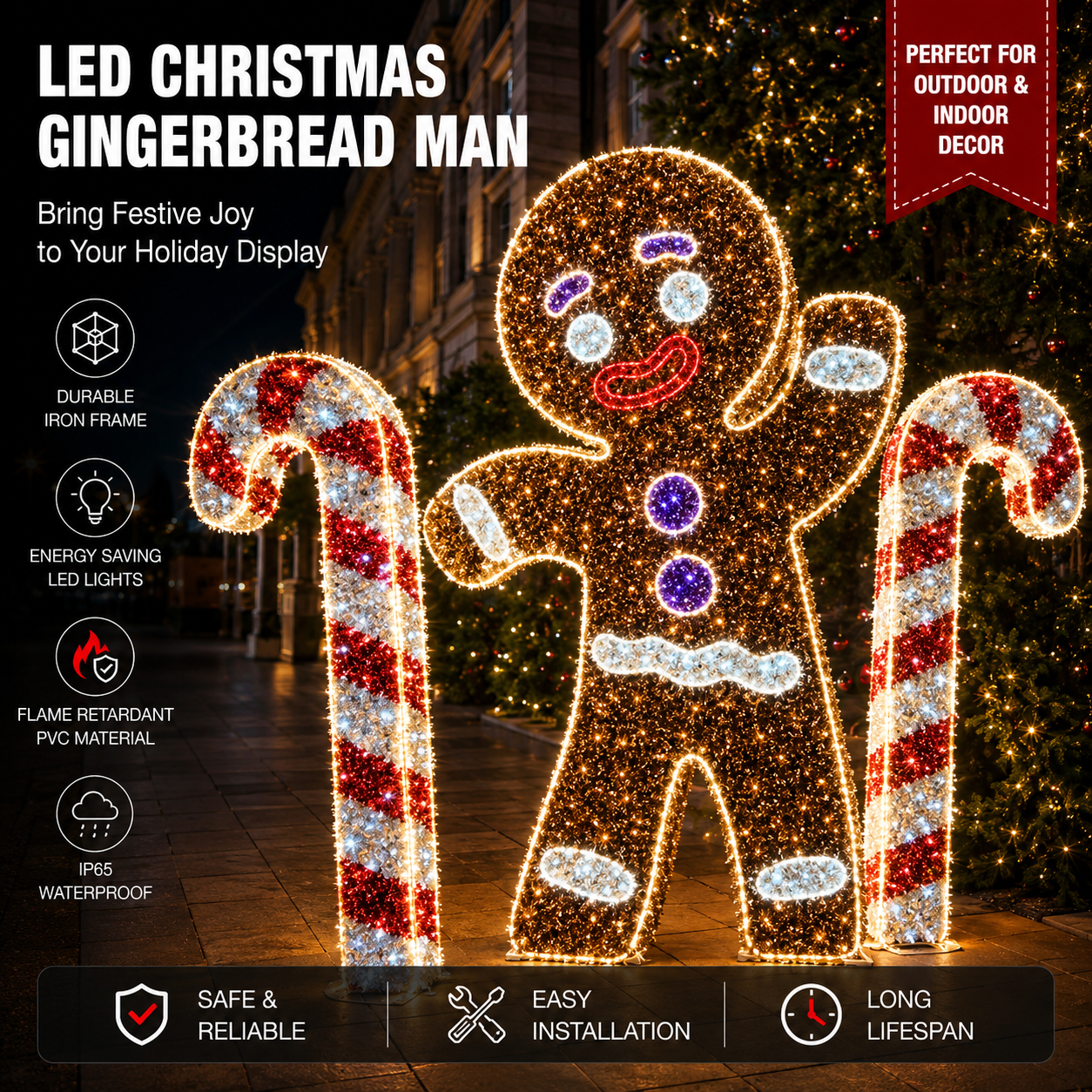 Commercial Holiday Lighting Solutions 3D LED Gingerbread Man & Candy Canes | Large Festive Motif Display Set