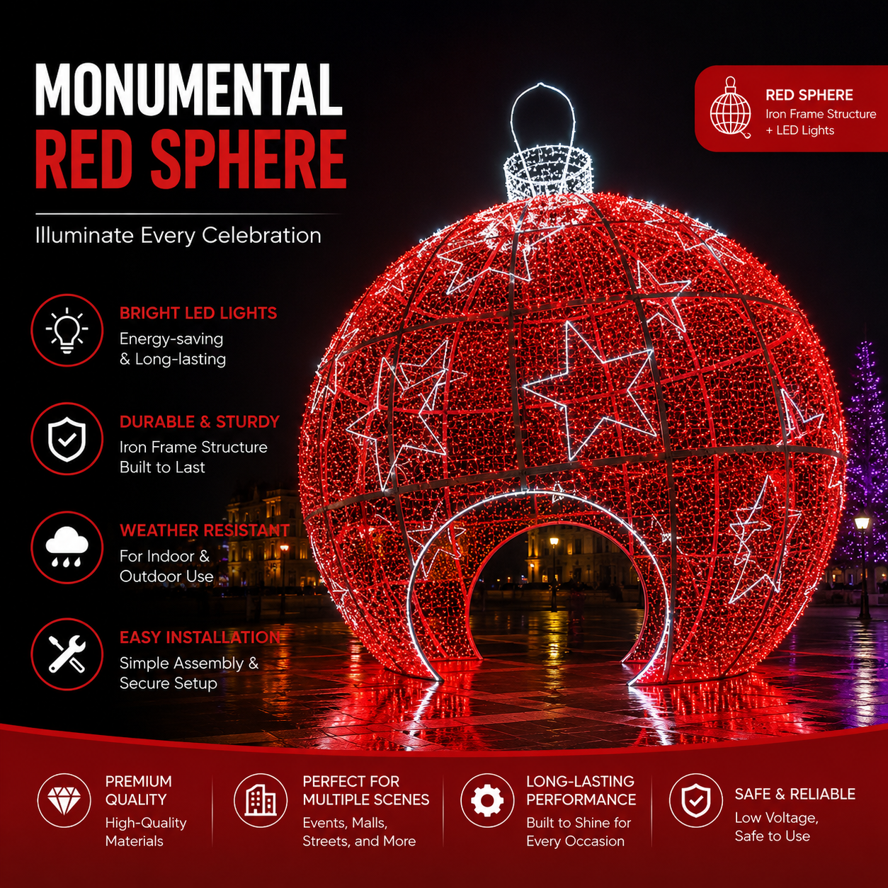Commercial Holiday Lighting Solutions Walk-Through 3D LED Red Sphere Ornament | Premium Giant Festive Star Bauble Landmark