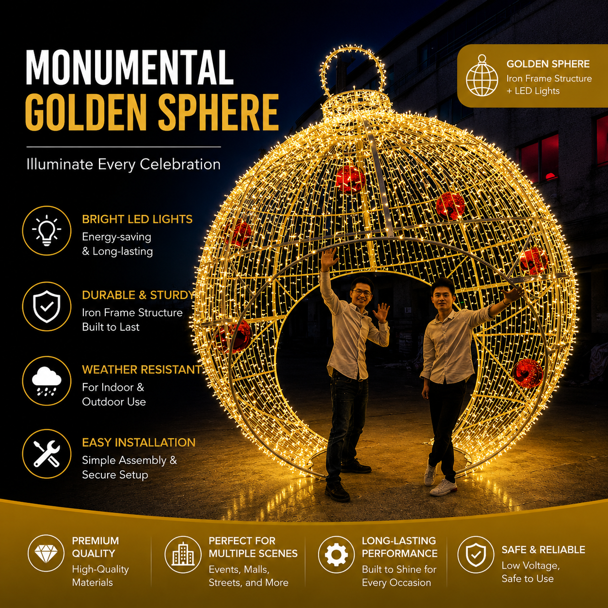 Commercial Holiday Lighting Solutions Walk-Through 3D LED Golden Sphere Ornament | Premium Giant Festive Bauble Landmark