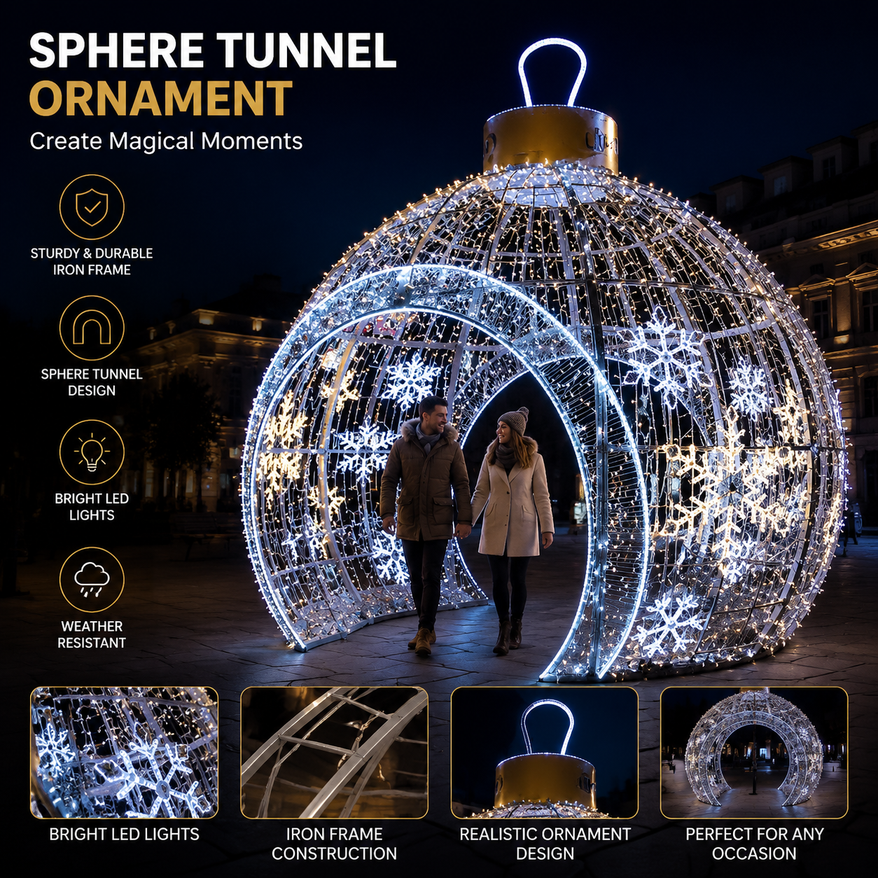 Commercial Holiday Lighting Solutions Walk-Through 3D LED Sphere Tunnel Ornament | Premium Giant Winter Wonderland Arch Landmark