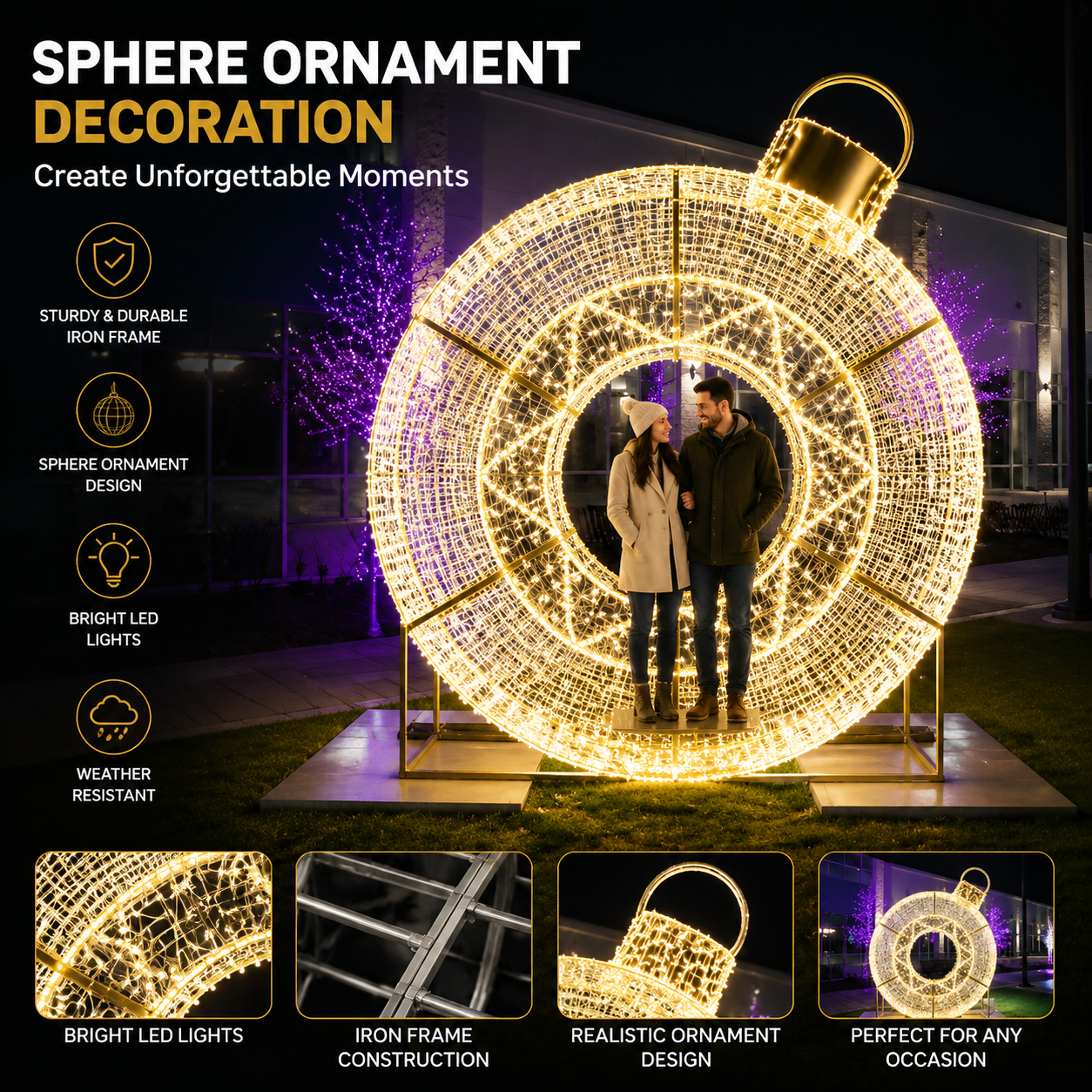 Commercial Holiday Lighting Solutions 3D LED Golden Star Sphere Ornament | Commercial Holiday Photo Frame