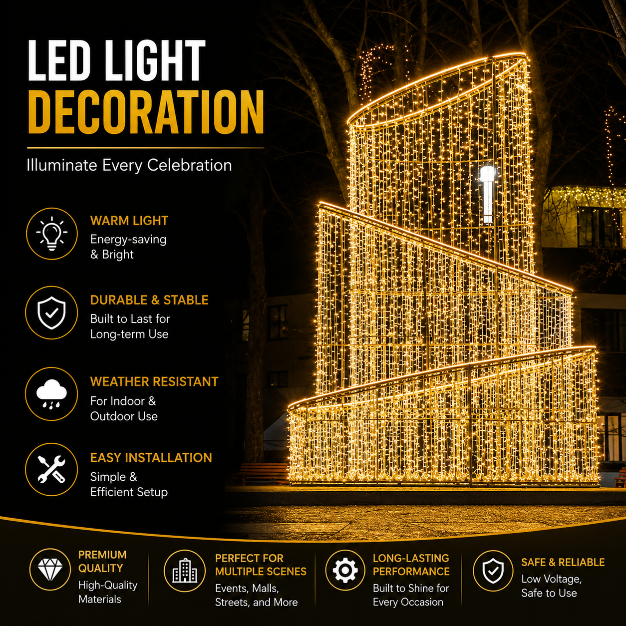 Commercial Holiday Lighting Solutions 3D LED Spiral Ribbon Tower | Premium Outdoor Giant Dynamic Light Cascade