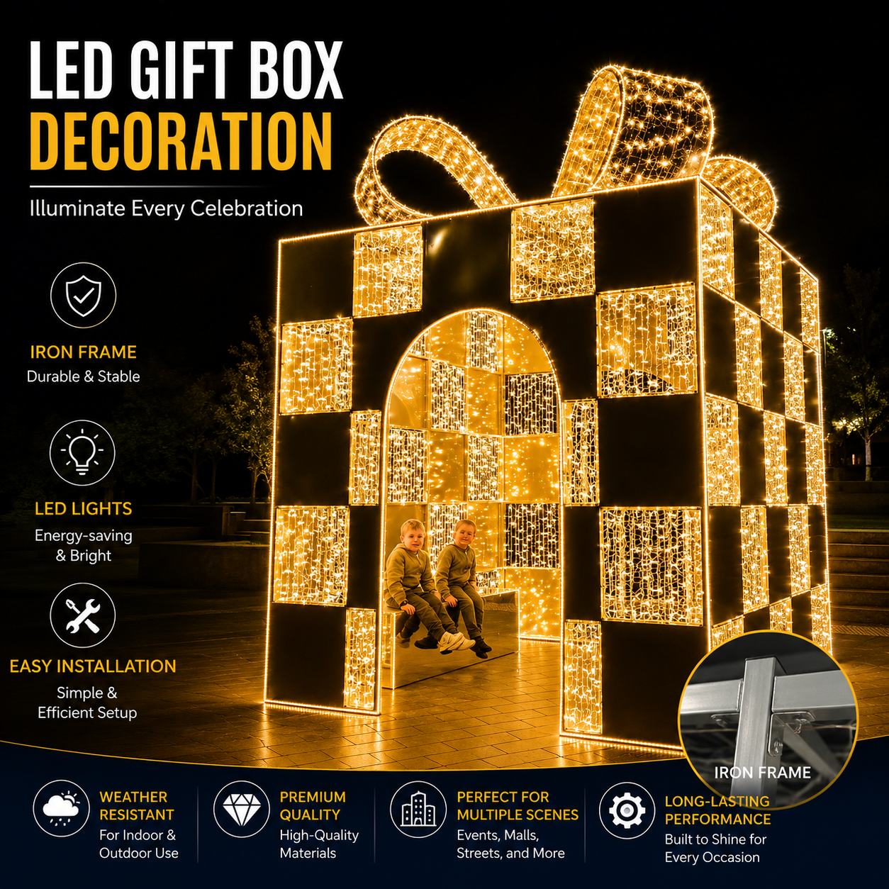 Commercial Holiday Lighting Solutions 3D LED Walk-Through Checkerboard Gift Box Arch | Premium Oversized Geometric Present Motif