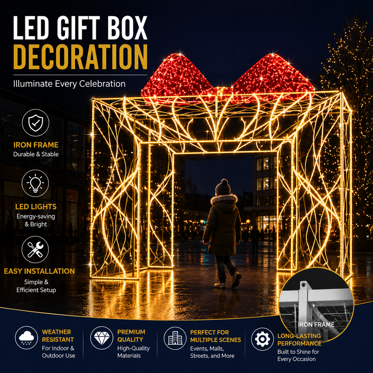 Commercial Holiday Lighting Solutions 3D LED Walk-Through Golden Archway | Premium Oversized Present Motif Tunnel