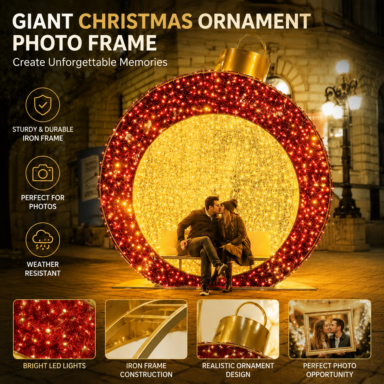 Commercial Holiday Lighting Solutions Giant Christmas Ornament Photo Frame | Premium Outdoor Interactive Bench Landmark