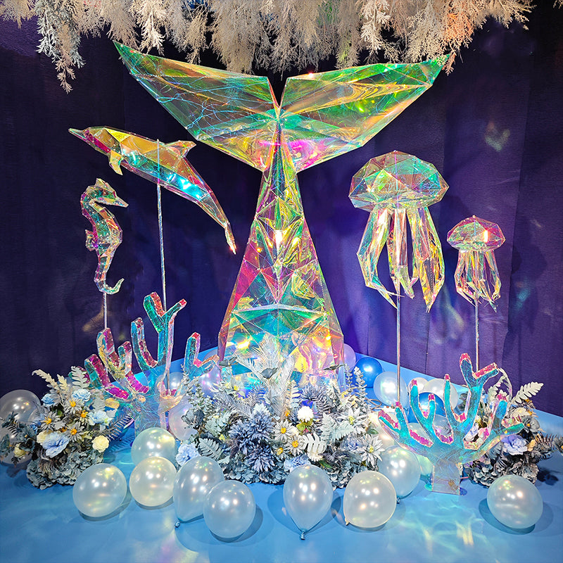 Modern Iridescent Geometric 3D LED Jellyfish & Whale Tail Ocean Theme Motif Lights - Commercial Holiday Lighting Solutions for Shopping Mall Windows, Theme Parks, Aquariums & Garden Displays