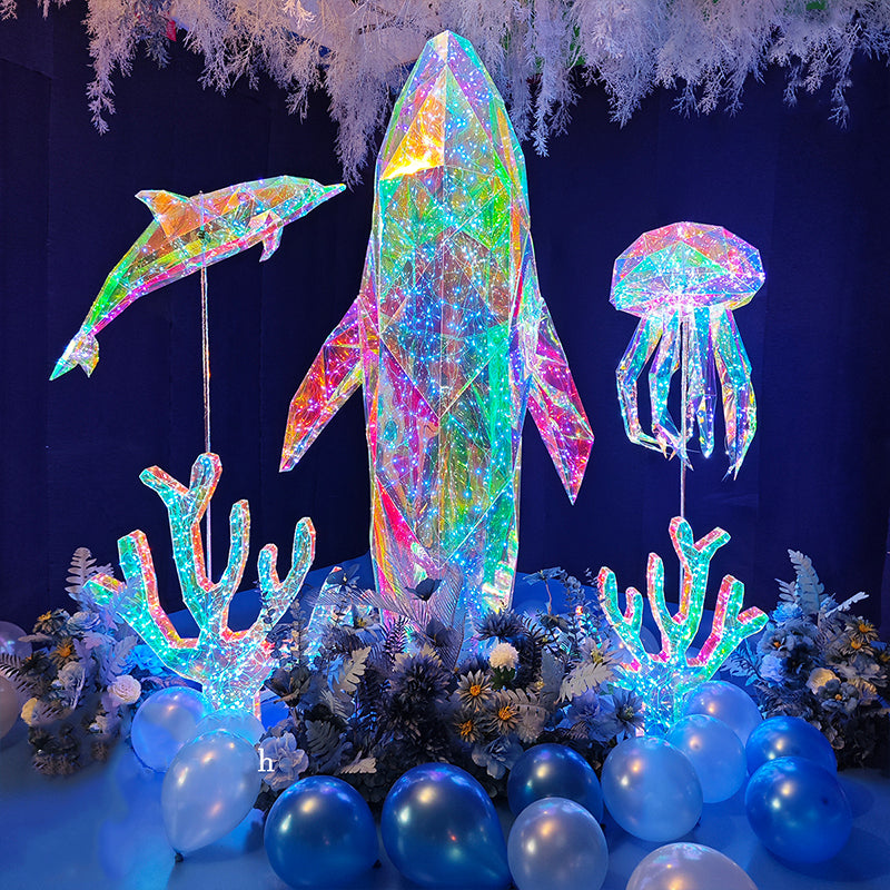 Modern Iridescent Geometric 3D LED Jellyfish & Whale Tail Ocean Theme Motif Lights - Commercial Holiday Lighting Solutions for Shopping Mall Windows, Theme Parks, Aquariums & Garden Displays