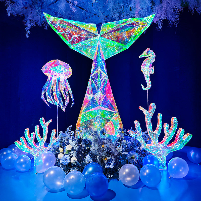Modern Iridescent Geometric 3D LED Jellyfish & Whale Tail Ocean Theme Motif Lights - Commercial Holiday Lighting Solutions for Shopping Mall Windows, Theme Parks, Aquariums & Garden Displays