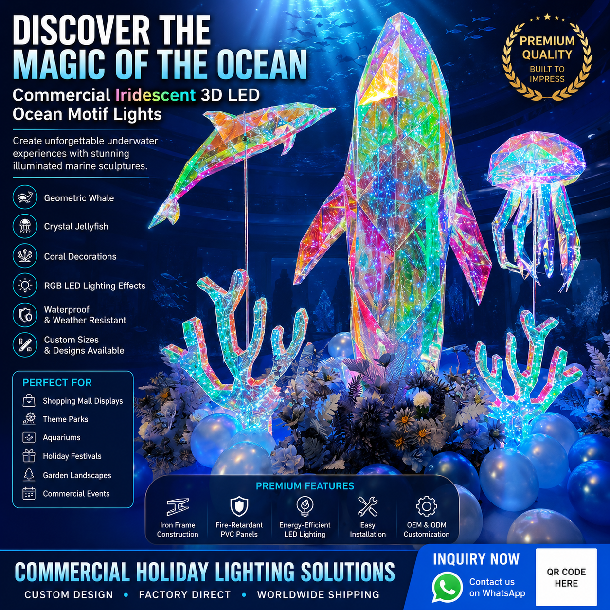 Modern Iridescent Geometric 3D LED Jellyfish & Whale Tail Ocean Theme Motif Lights - Commercial Holiday Lighting Solutions for Shopping Mall Windows, Theme Parks, Aquariums & Garden Displays